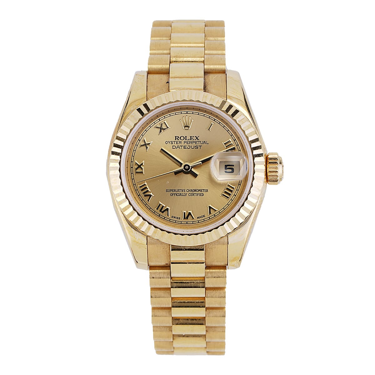 Gold Rolex Datejust womens watch featuring Roman numerals and a date window, elegantly set on a matching gold link bracelet. Model: Rolex 179178.