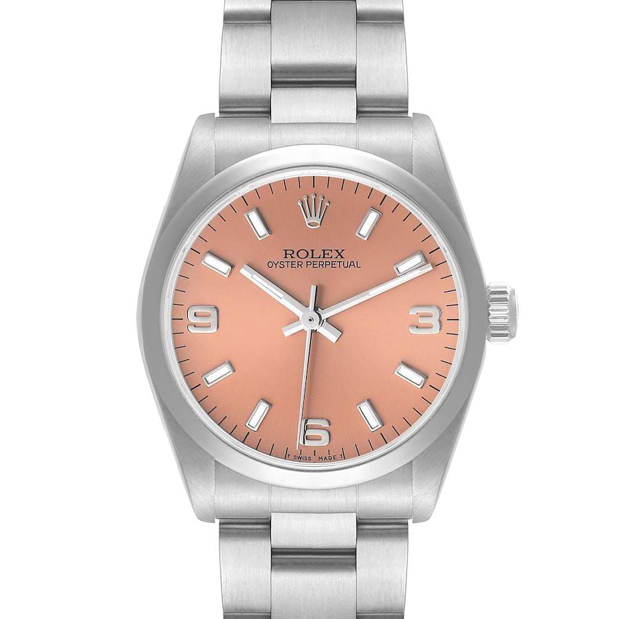 A stainless steel Rolex Oyster Perpetual 67480 watch with a pink dial and silver hour markers on a metal bracelet.