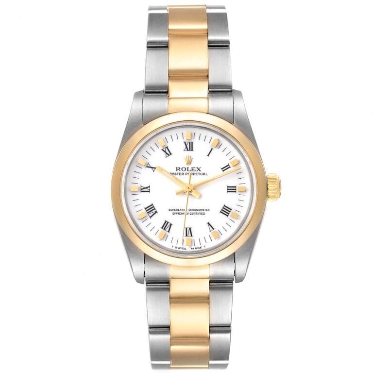 A stunning two-tone Rolex Oyster Perpetual 67843 wristwatch featuring a white dial, Roman numerals, and an elegant gold and silver metal band.