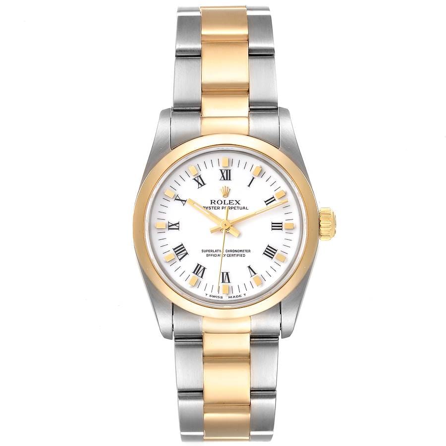 A stunning two-tone Rolex Oyster Perpetual 67843 wristwatch featuring a white dial, Roman numerals, and an elegant gold and silver metal band.