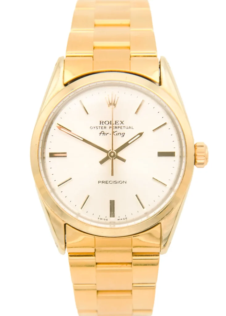 Gold Rolex Air-King 5520 watch featuring a white dial and matching gold bracelet, combining classic style with the iconic design of the Rolex Air-King collection.