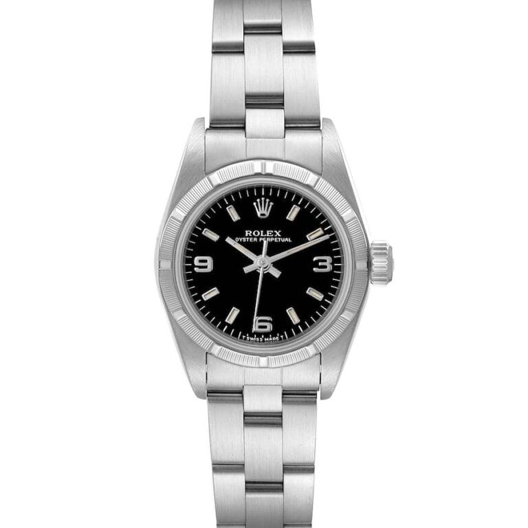 A silver Rolex Oyster Perpetual wristwatch, model 67230, featuring a black dial, silver hour markers, and a metal link bracelet.