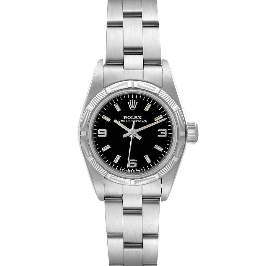 A silver Rolex Oyster Perpetual wristwatch, model 67230, featuring a black dial, silver hour markers, and a metal link bracelet.