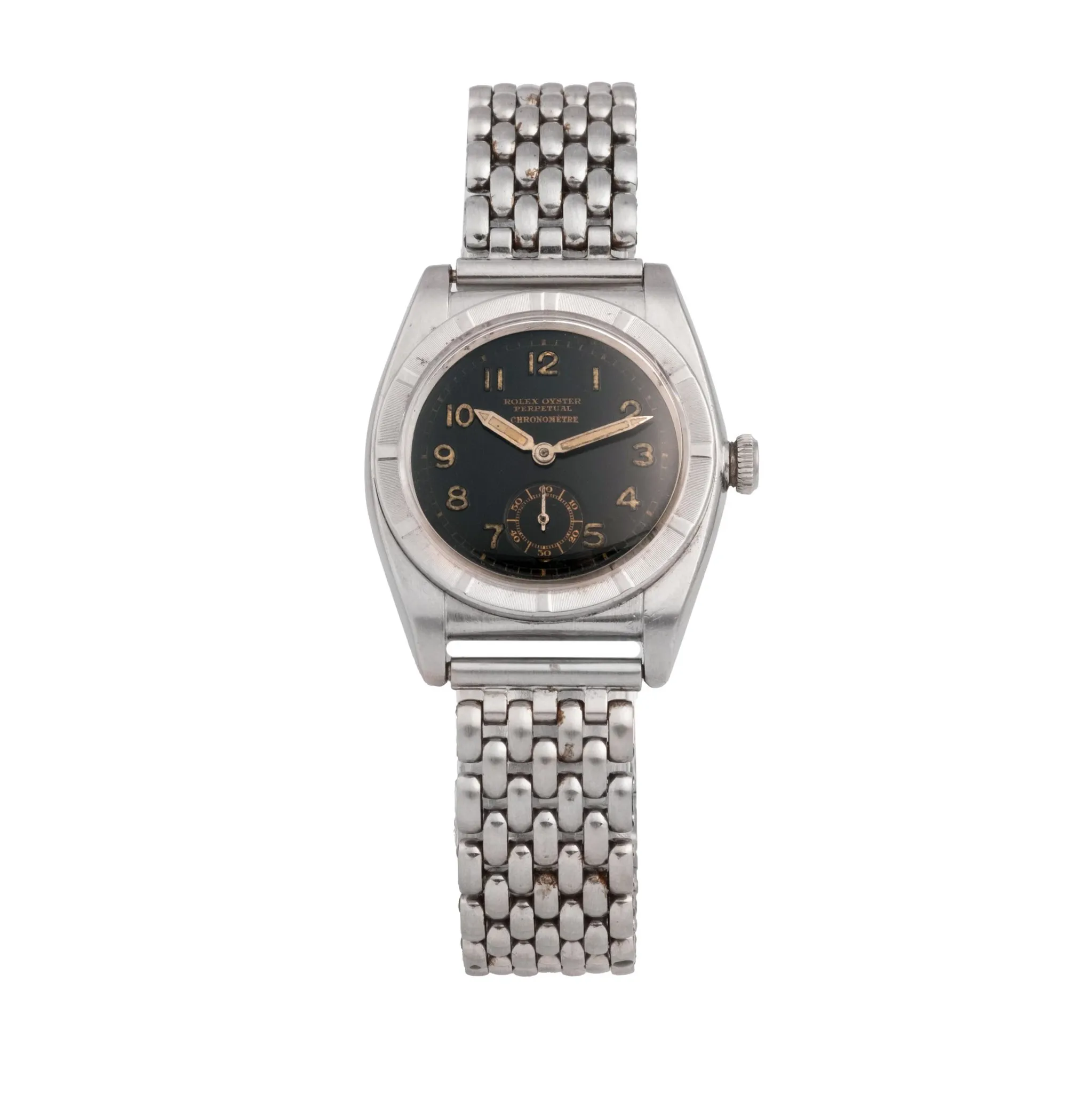 A vintage Rolex Oyster Perpetual 3172 silver wristwatch with a black dial and metal link bracelet is shown on a white background.