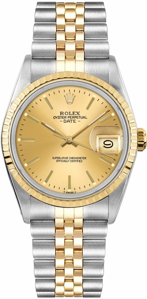 A two-tone Rolex Oyster Perpetual Date 15053 watch with a gold dial and jubilee bracelet, featuring the date at 3 o’clock.
