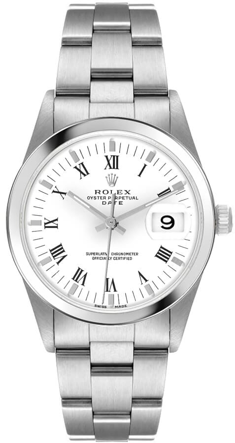 Silver Rolex Oyster Perpetual Date wristwatch featuring a white dial, Roman numeral markers, and a date window at the 3 o’clock position.