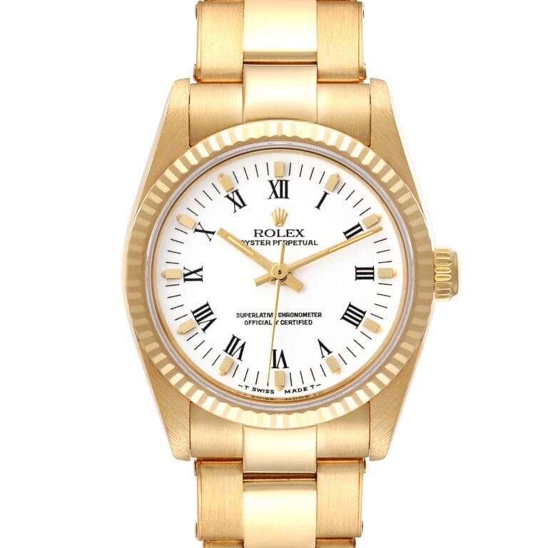 Gold Rolex Oyster Perpetual wristwatch, model 67518, with a white dial, Roman numerals, and a fluted bezel, shown from the front.
