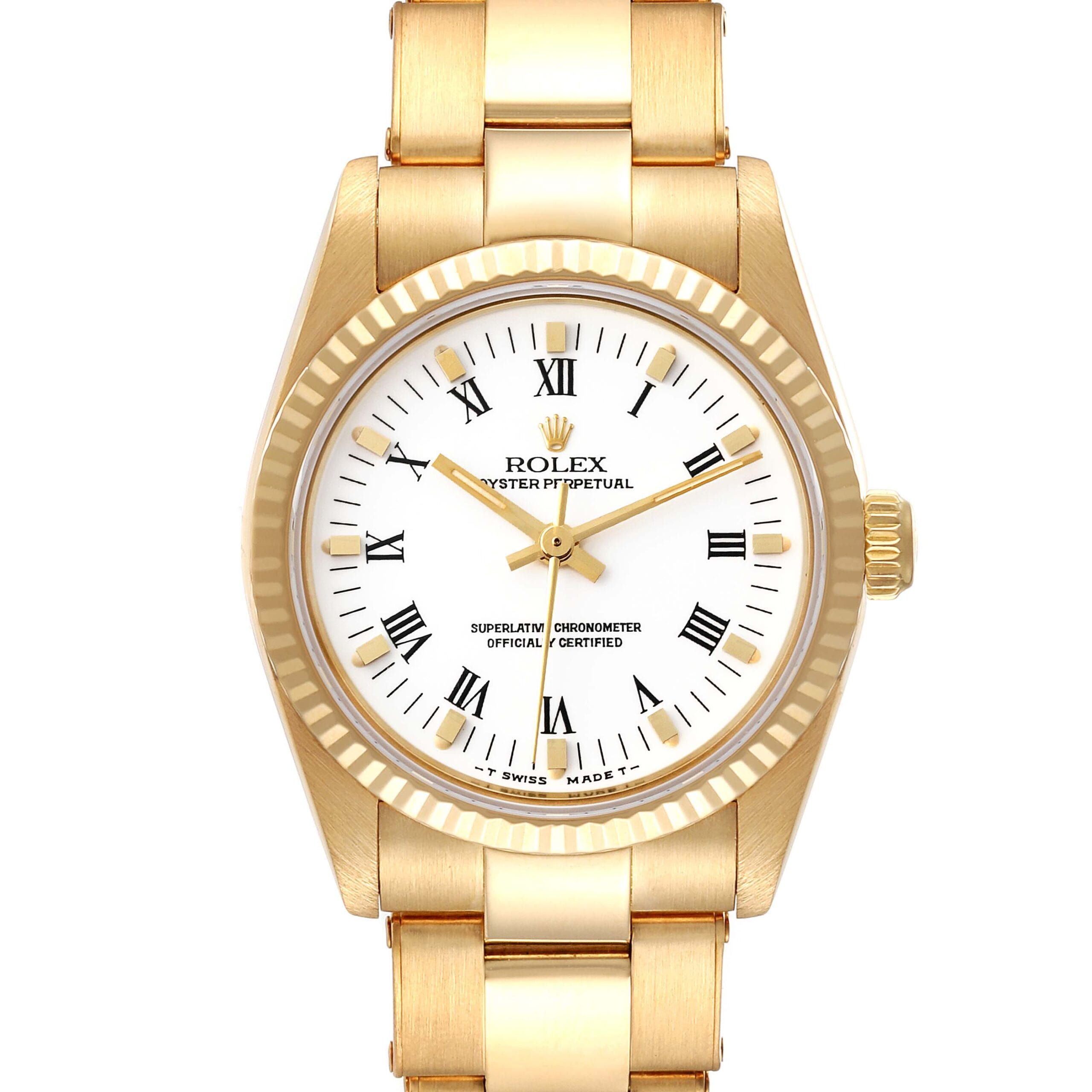 Gold Rolex Oyster Perpetual wristwatch, model 67518, with a white dial, Roman numerals, and a fluted bezel, shown from the front.