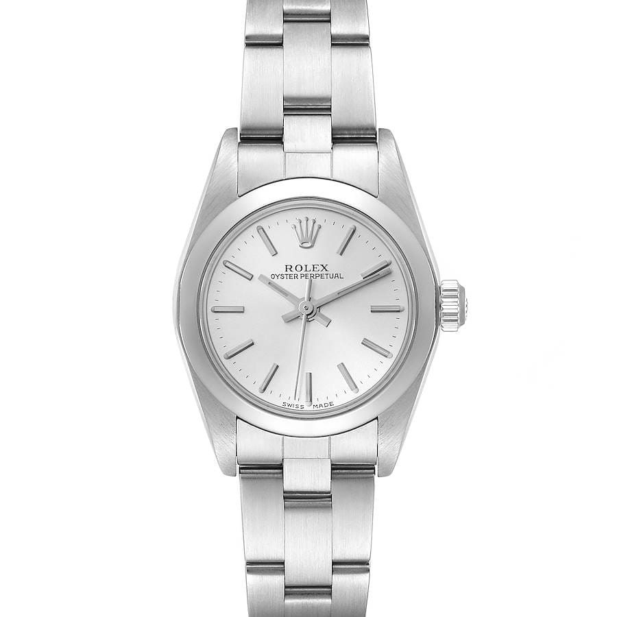 Silver Rolex Oyster Perpetual 76080 wristwatch with a stainless steel band and a simple silver dial.