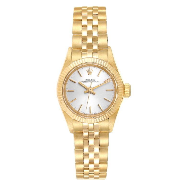 Gold Rolex Oyster Perpetual 6719 wristwatch with a white dial and gold hour markers, featuring a classic metal link bracelet.
