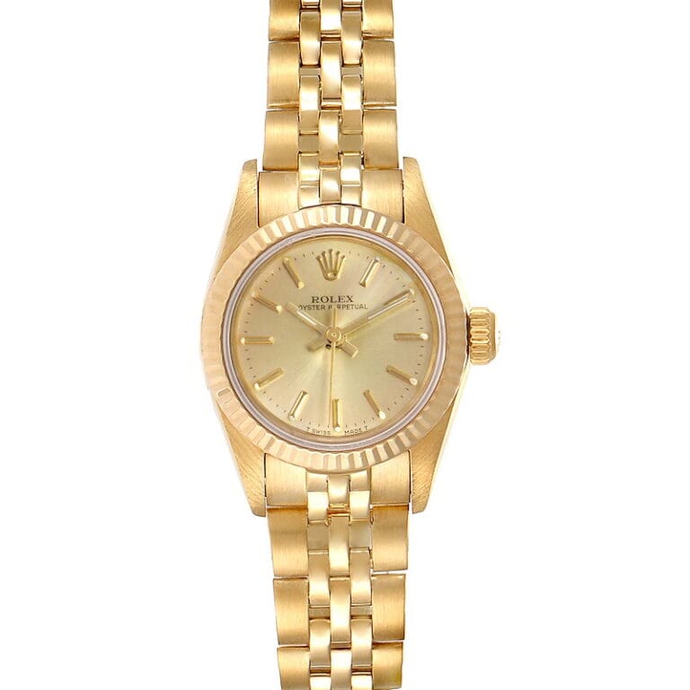 Rolex Oyster Perpetual gold wristwatch featuring a gold dial, gold hour markers, and a gold metal link bracelet. Model 67197.