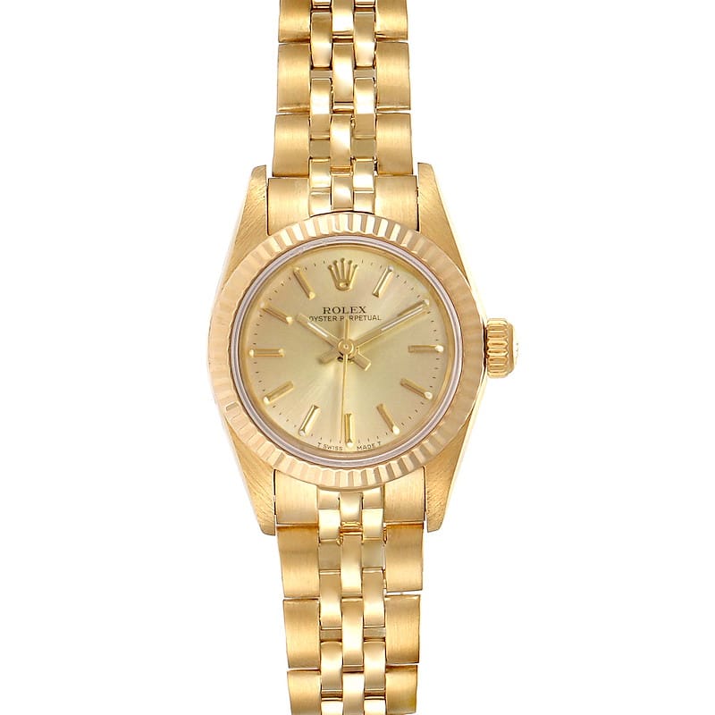 Rolex Oyster Perpetual gold wristwatch featuring a gold dial, gold hour markers, and a gold metal link bracelet. Model 67197.