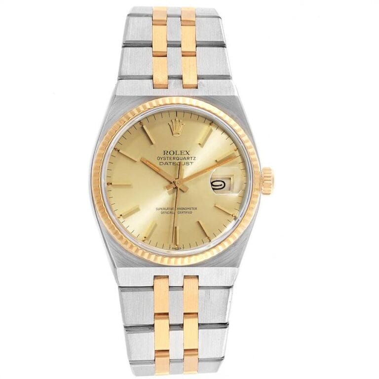 A Rolex Oysterquartz 17013 Datejust watch with a gold dial, two-tone gold and silver band, and date display.