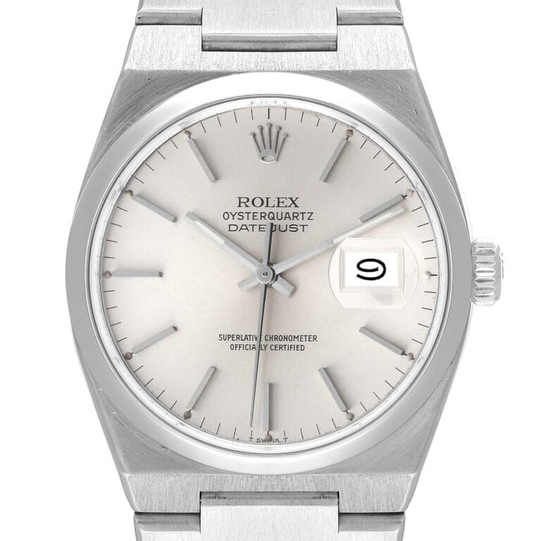 Silver Rolex Oysterquartz Datejust 17000 watch showing the date 9 and featuring a stainless steel bracelet.