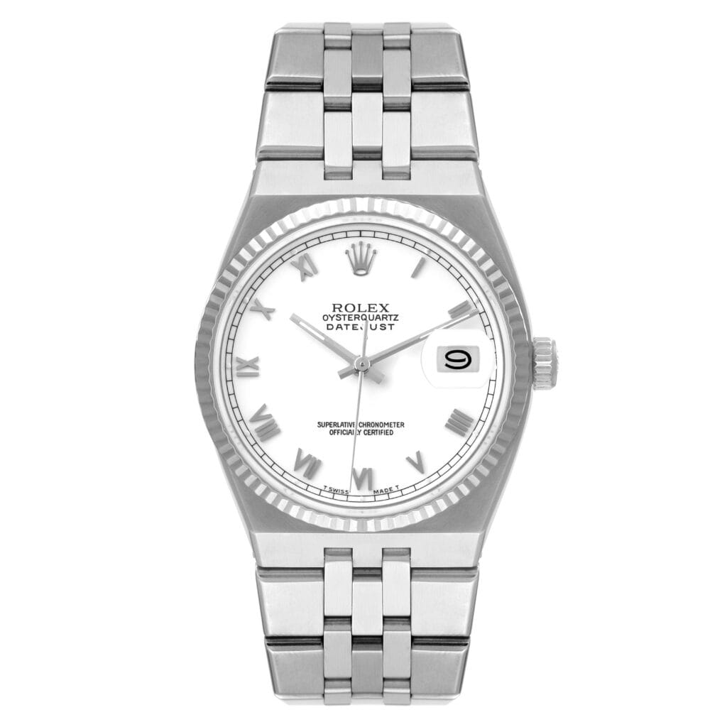 Silver Rolex Datejust 17014 watch with a white dial, Roman numerals, and a date window at the 3 o’clock position.