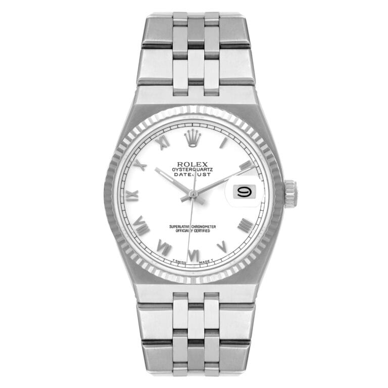 Silver Rolex Datejust 17014 watch with a white dial, Roman numerals, and a date window at the 3 o’clock position.