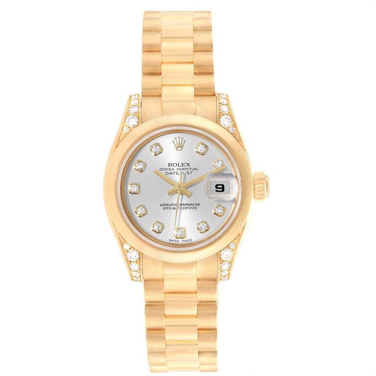 Gold Rolex Datejust 179298 watch with diamond hour markers and a date display, set on a matching gold bracelet band.
