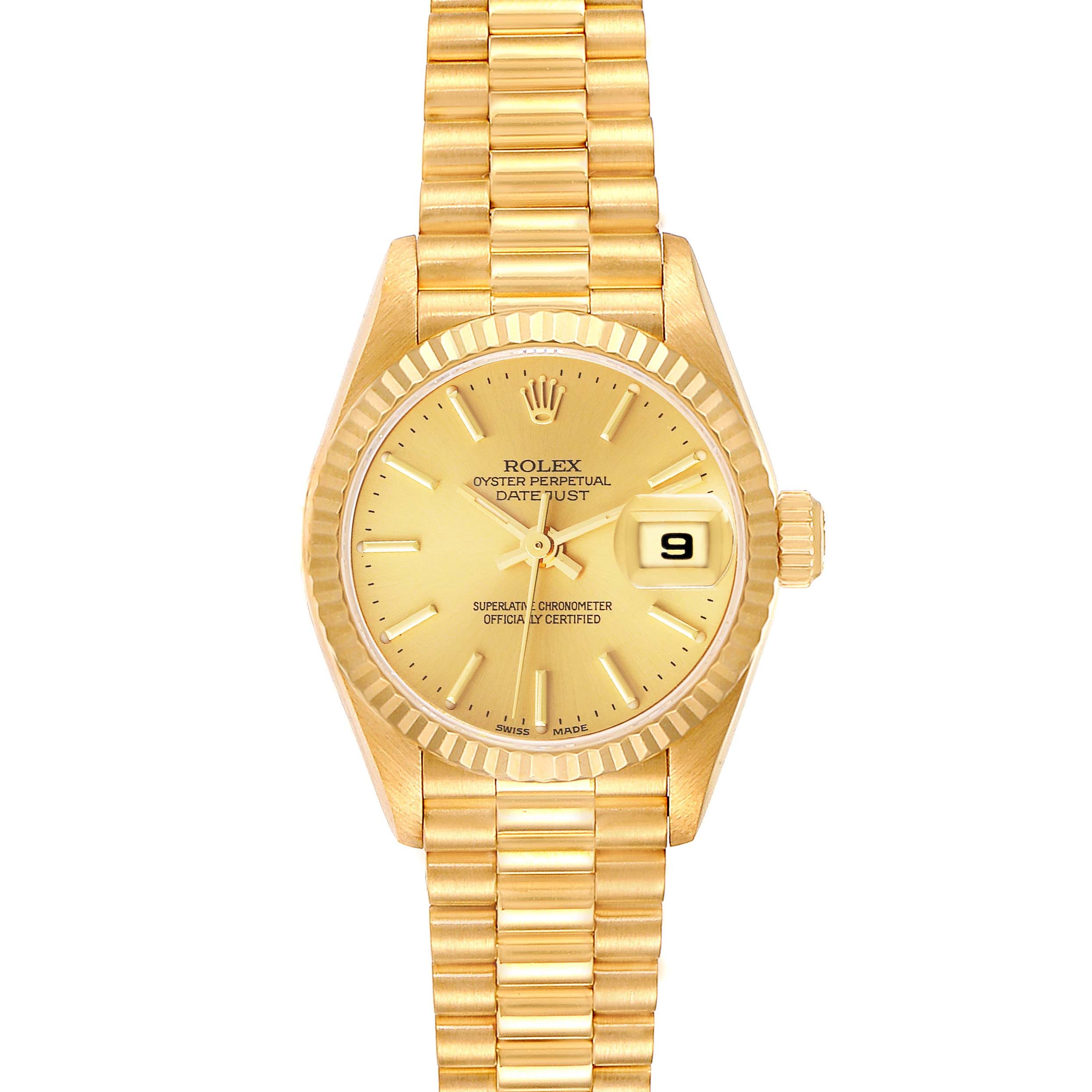 Gold Rolex Datejust 79178 wristwatch with a gold dial, date display, and gold link bracelet, viewed from above.