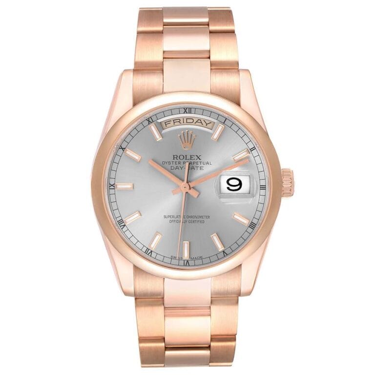 A rose gold Rolex Day-Date Watch with a silver dial, displaying the day and date—an iconic Rolex President 118205.