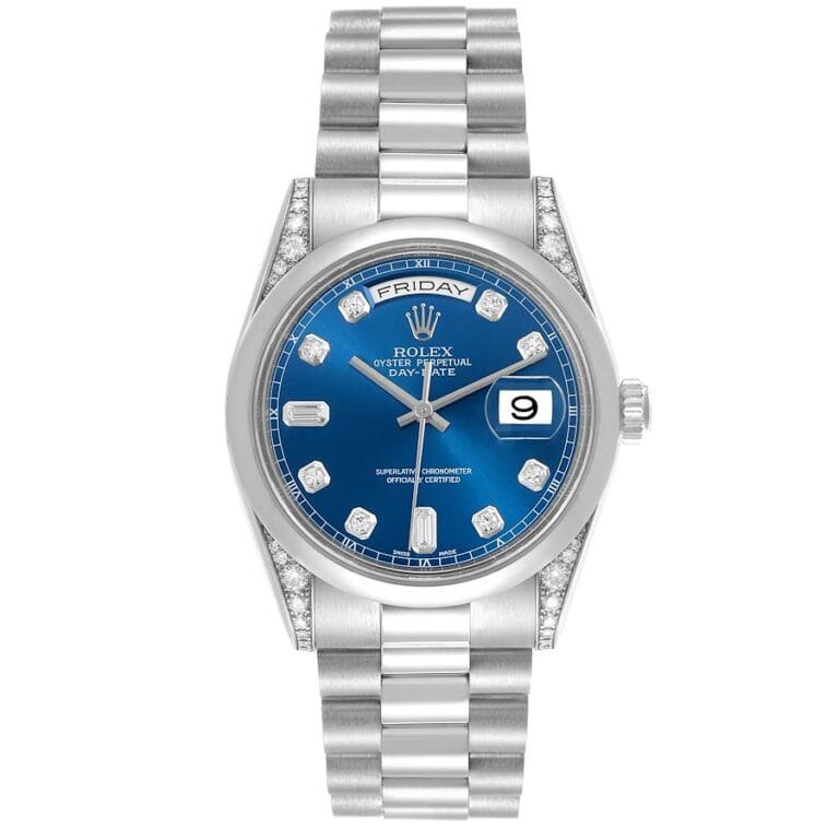 Rolex Day-Date President wristwatch with a blue face, diamond hour markers, and a silver metal band. Model 118296.