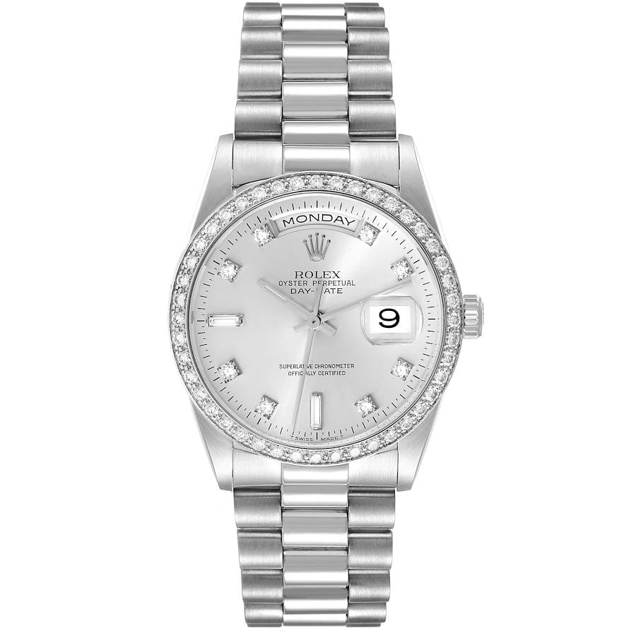 Silver Rolex Day-Date wristwatch with a metal band, diamond bezel, and day-date display on a white dial; also known as the Rolex President 18346.