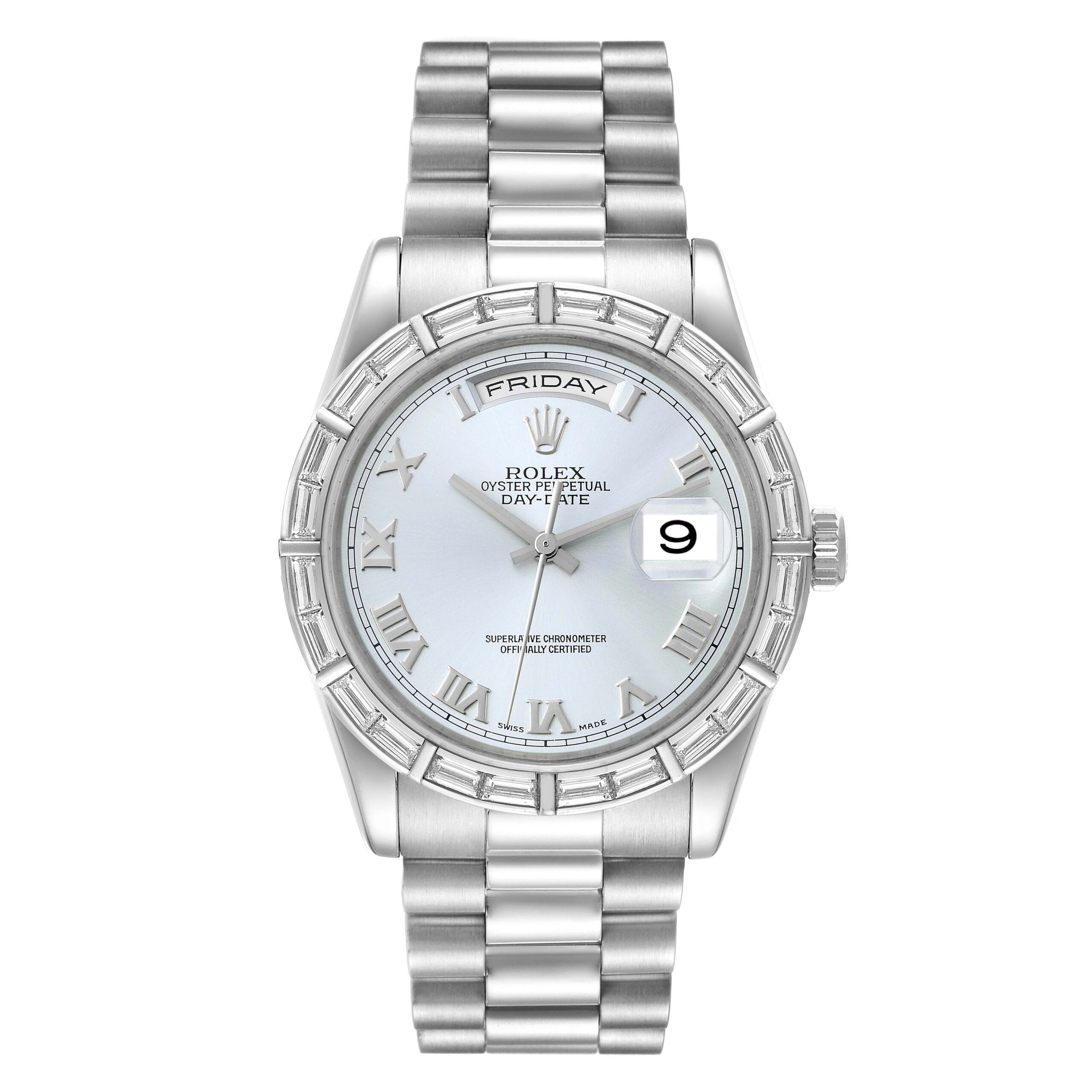 Silver Rolex Day-Date President watch, model 118366, with Roman numerals, day and date display, and a silver bracelet band.