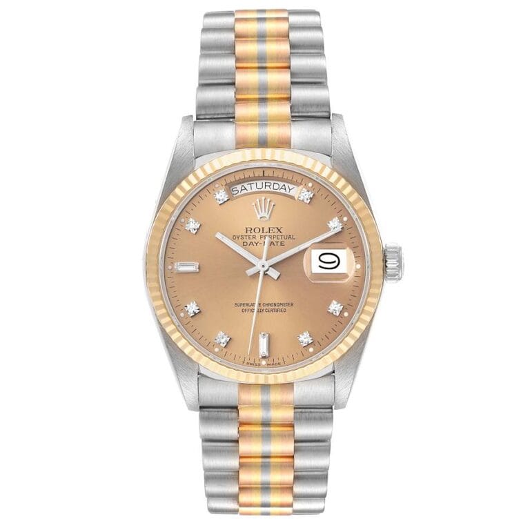 A two-tone Rolex President Day-Date watch with a gold and silver band, champagne dial, and day-date display—an iconic President 18039 model.