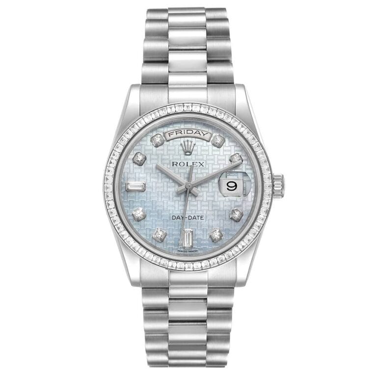 Silver Rolex Day-Date President 118399 watch featuring diamond hour markers and an ice blue patterned dial.