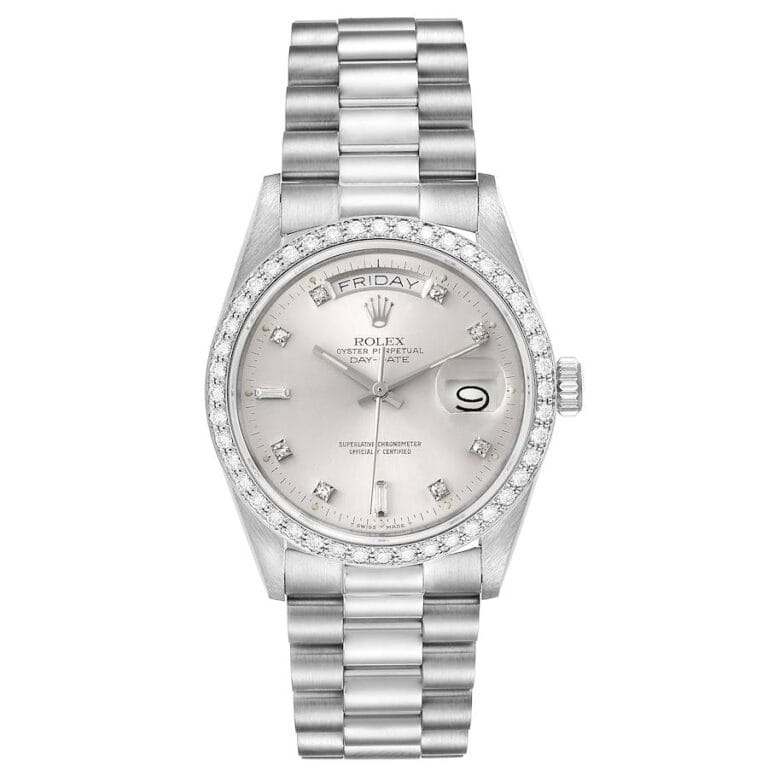 Silver Rolex Day-Date President 18049 watch featuring diamond hour markers, day and date display, and a sleek metal link bracelet.