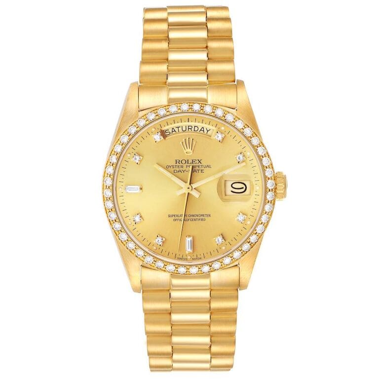 Gold Rolex Day-Date watch with a diamond bezel, gold dial, day and date display, and a gold link bracelet—an iconic Rolex President 18048 timepiece.