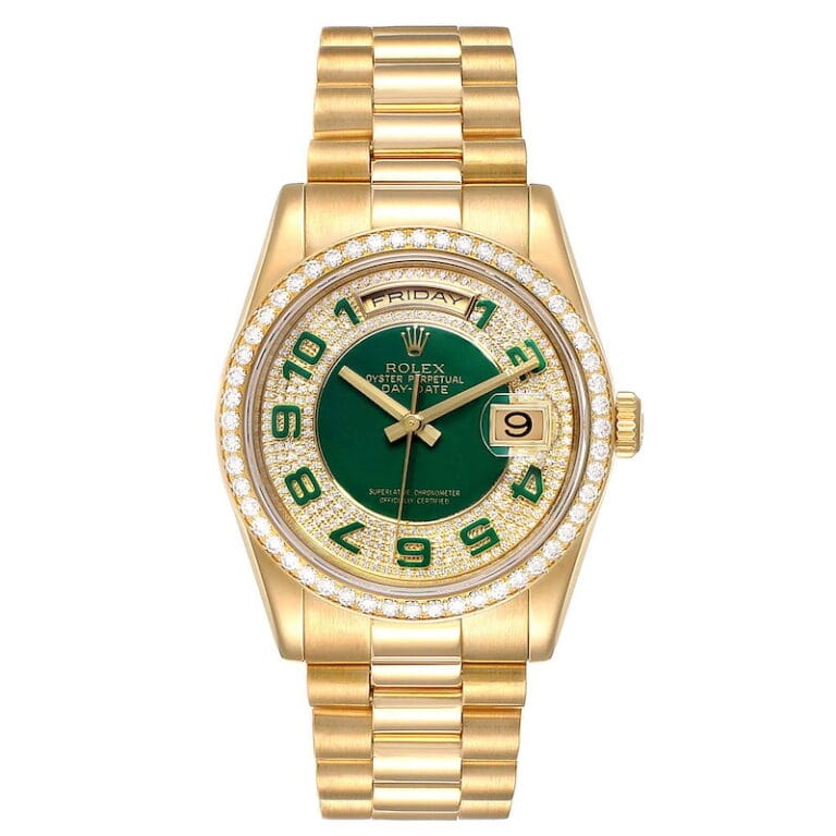 Gold Rolex President 118348 watch with a green dial, diamond bezel, and gold bracelet, featuring the iconic Day-Date display.