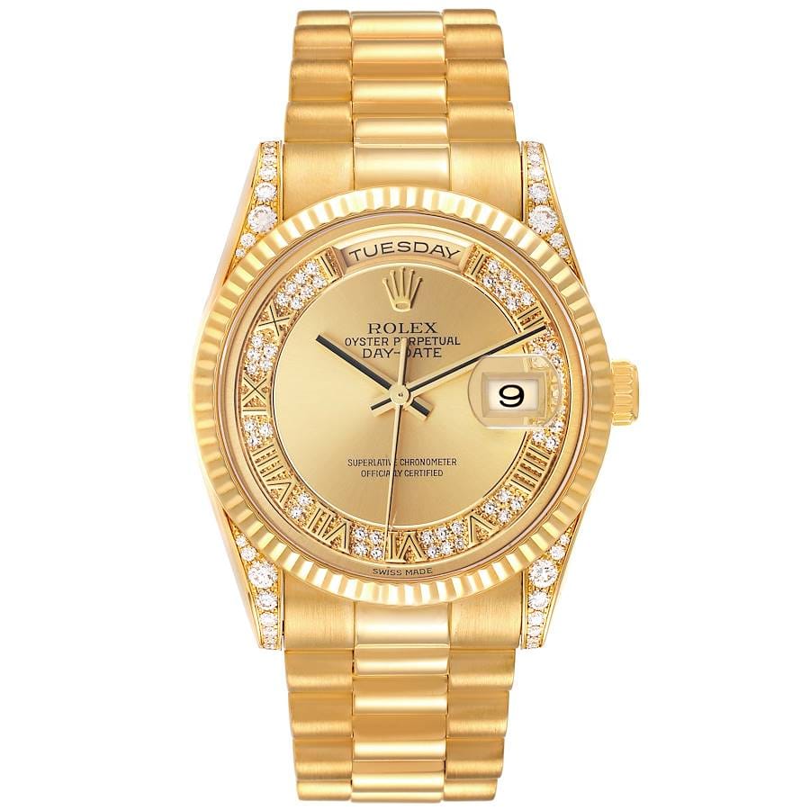 A gold Rolex Day-Date watch with diamond accents, displaying the day and date on its dial—an iconic piece known as the Rolex President 118338.