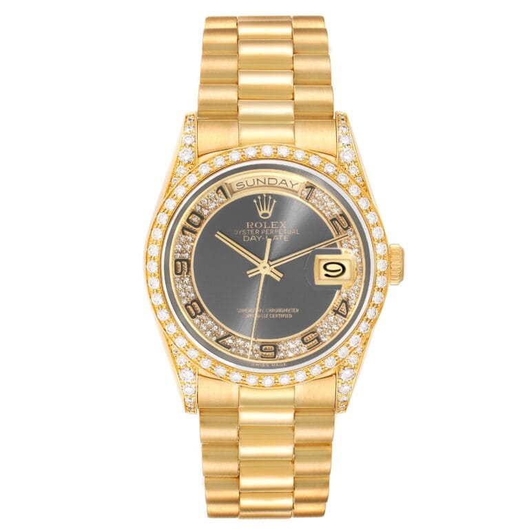 Gold Rolex President 18388 watch with a black dial, diamond hour markers, and a diamond bezel, featuring the Rolex Day-Date display.