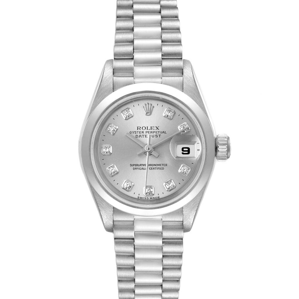 Silver Rolex Datejust watch, model 79166, featuring a diamond hour marker dial and a stainless steel Jubilee bracelet.