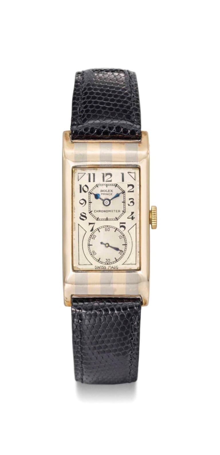 A rectangular vintage Rolex Prince wristwatch with a black leather strap and an off-white face displaying Arabic numerals.
