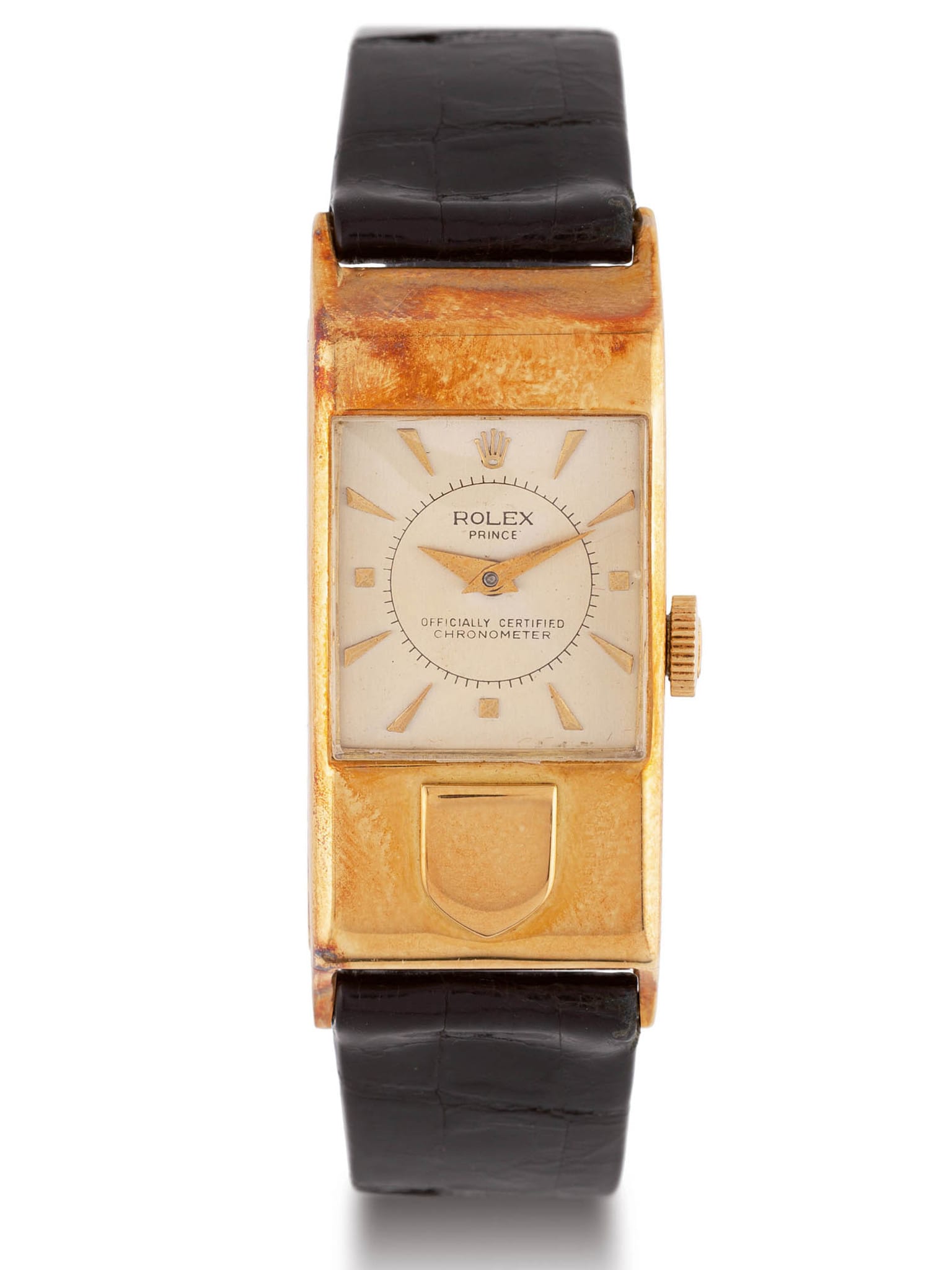A vintage rectangular Rolex Prince 3361 gold watch with a black leather strap and simple white dial.