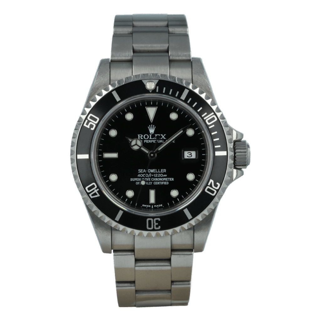 A stainless steel Rolex Sea-Dweller 16600 dive watch with a black dial and bezel, and silver hour markers.
