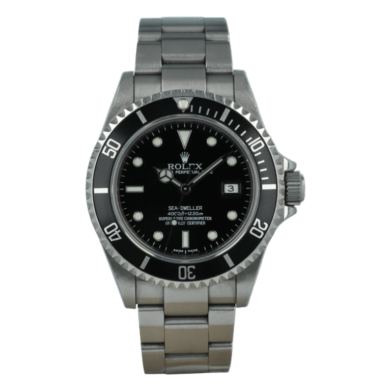 A stainless steel Rolex Sea-Dweller 16600 dive watch with a black dial and bezel, and silver hour markers.