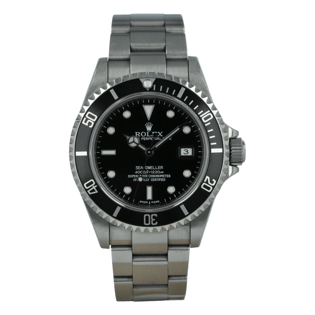 A stainless steel Rolex Sea-Dweller 16600 dive watch with a black dial and bezel, and silver hour markers.