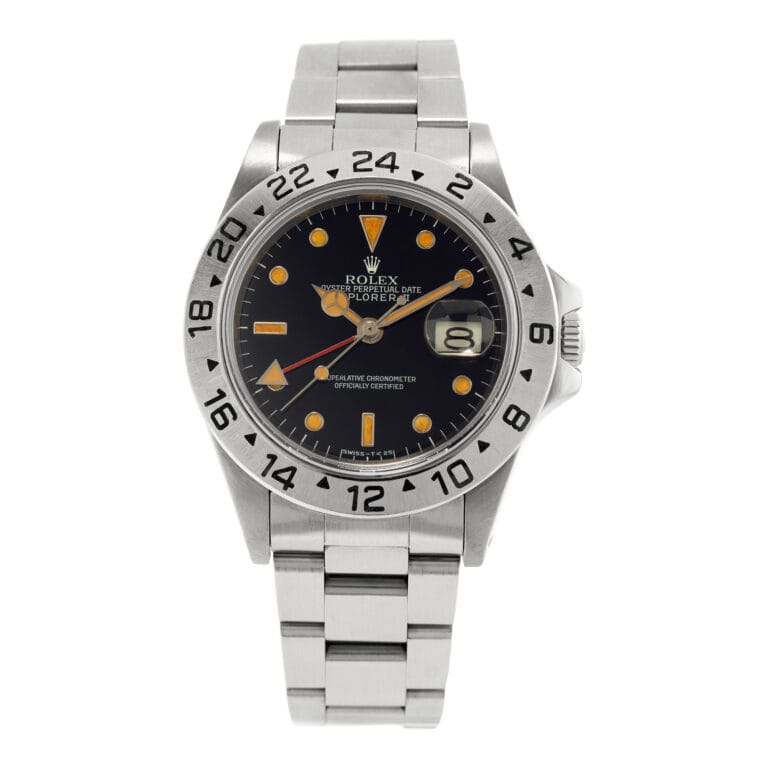 A silver Rolex Explorer II 16550 watch featuring a black dial, distinctive orange hand, and a sleek stainless steel bracelet.