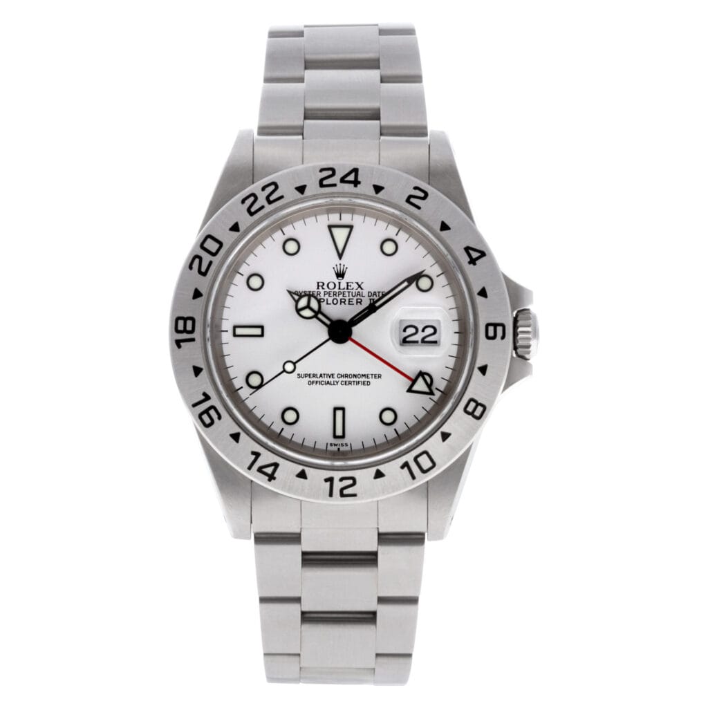 A stainless steel Rolex Explorer II 16570 watch with a white dial, date display, and 24-hour bezel.