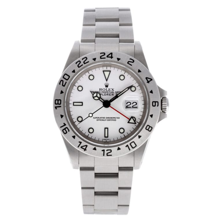A stainless steel Rolex Explorer II 16570 watch with a white dial, date display, and 24-hour bezel.