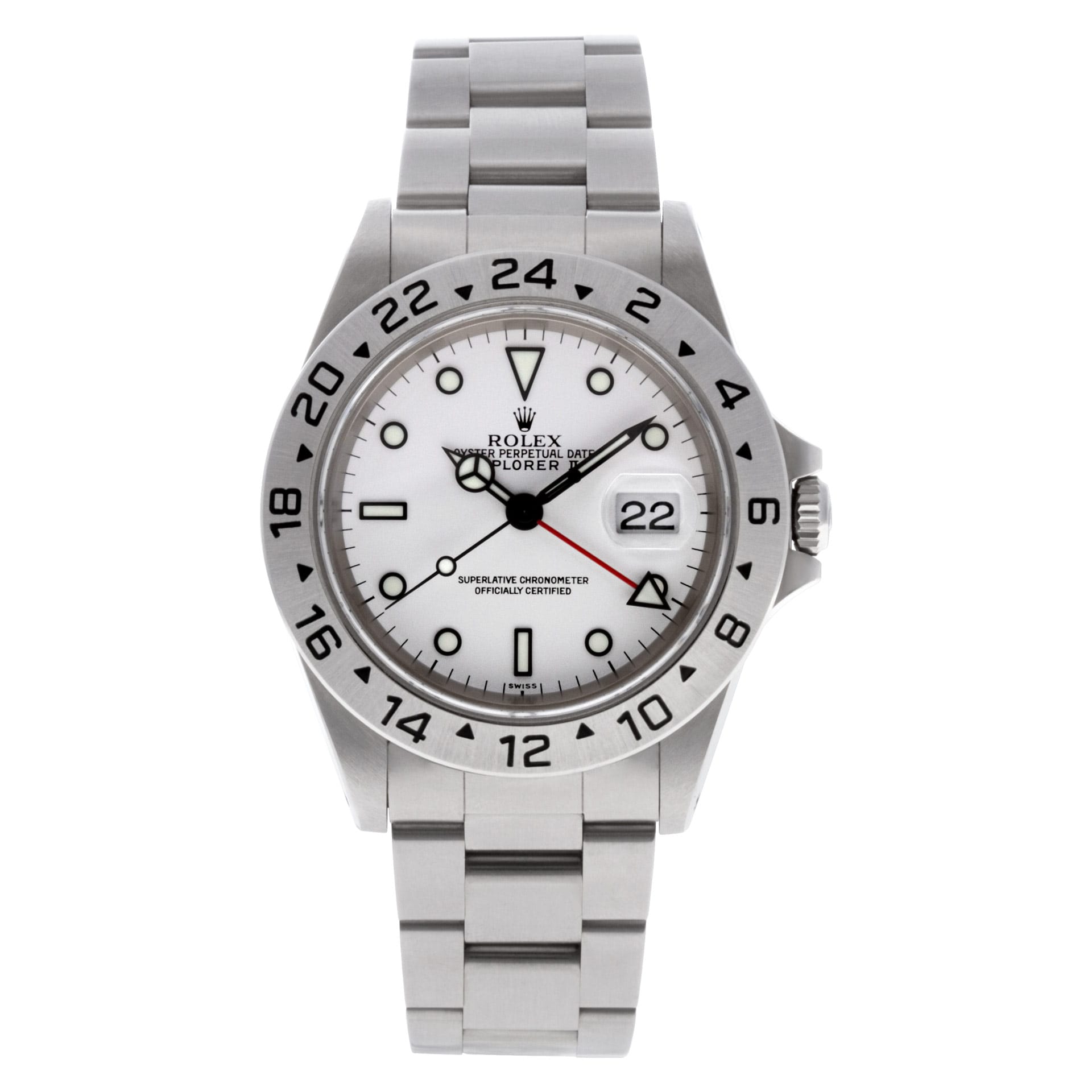 A stainless steel Rolex Explorer II 16570 watch with a white dial, date display, and 24-hour bezel.