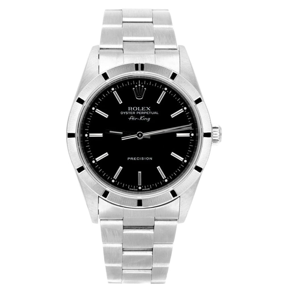A stainless steel Rolex Air-King 14010 watch featuring a black dial and silver hour markers.