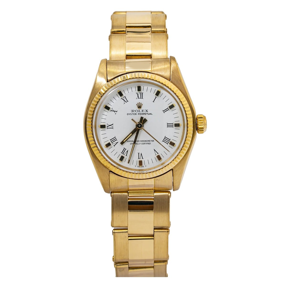A gold Rolex Oyster Perpetual wristwatch, model 6751, with a white face and Roman numerals, featuring a classic metal link band.