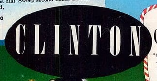 The word CLINTON in tall white letters on a black oval background.