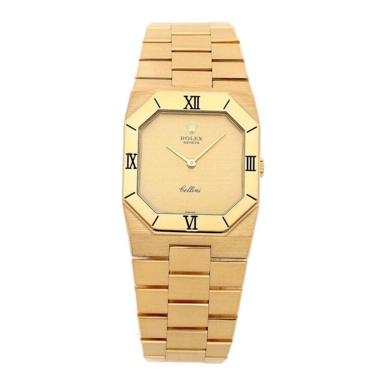 Gold Rolex Cellini 4350 watch with an octagonal face and Roman numeral markers on a matching gold bracelet—a true luxury watch for those with refined taste.