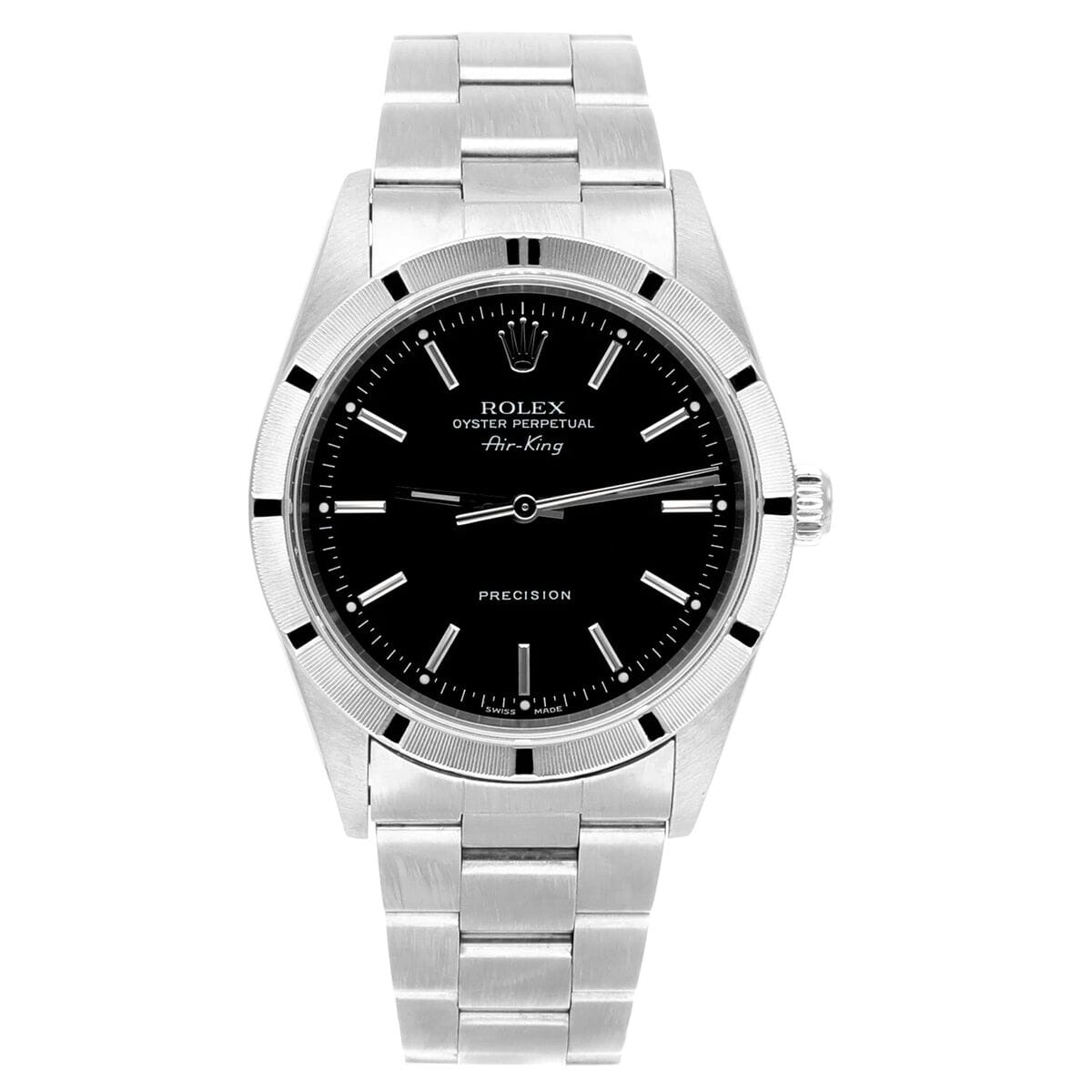 A stainless steel Rolex Air-King 14010 watch featuring a black dial and silver hour markers.