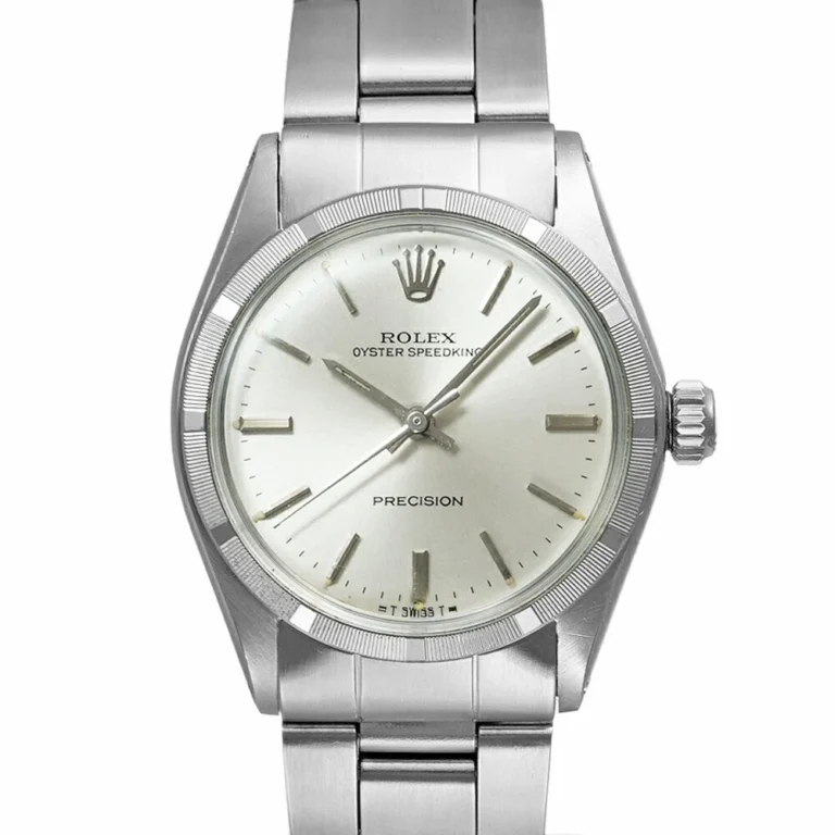 Silver Rolex Oyster Speedking 6431 watch featuring a white dial and a stainless steel bracelet.