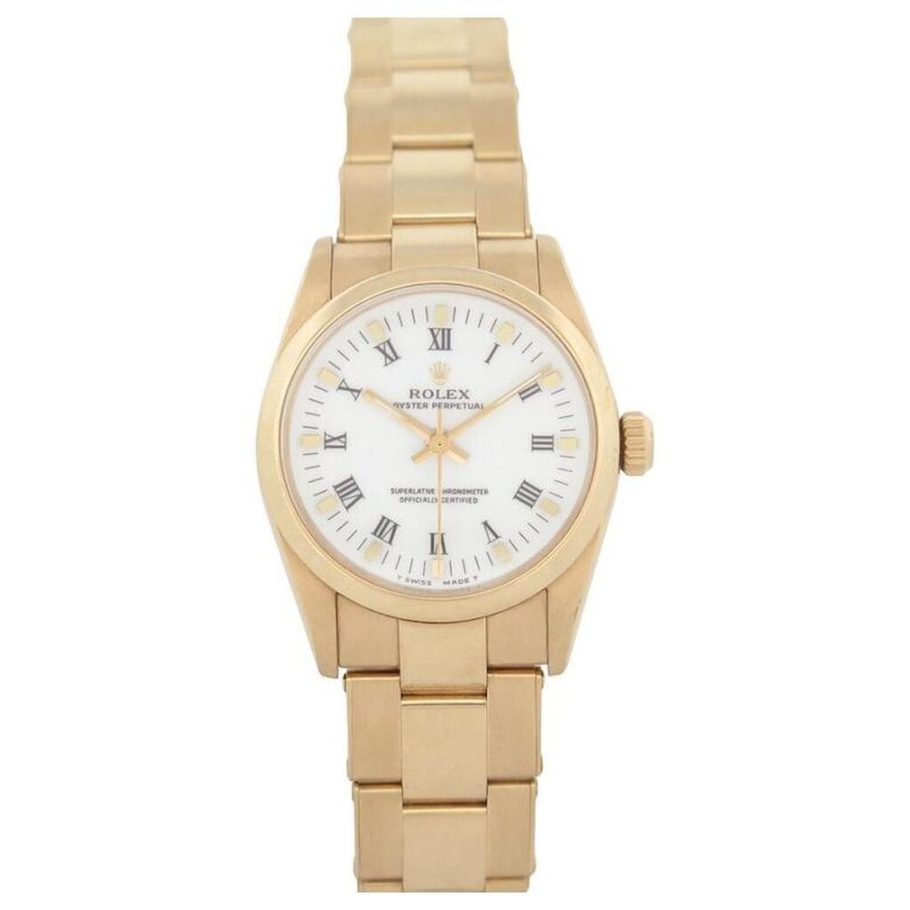 Gold Rolex Oyster Perpetual wristwatch, model 67488, with a white dial and Roman numeral hour markers, shown against a plain white background.